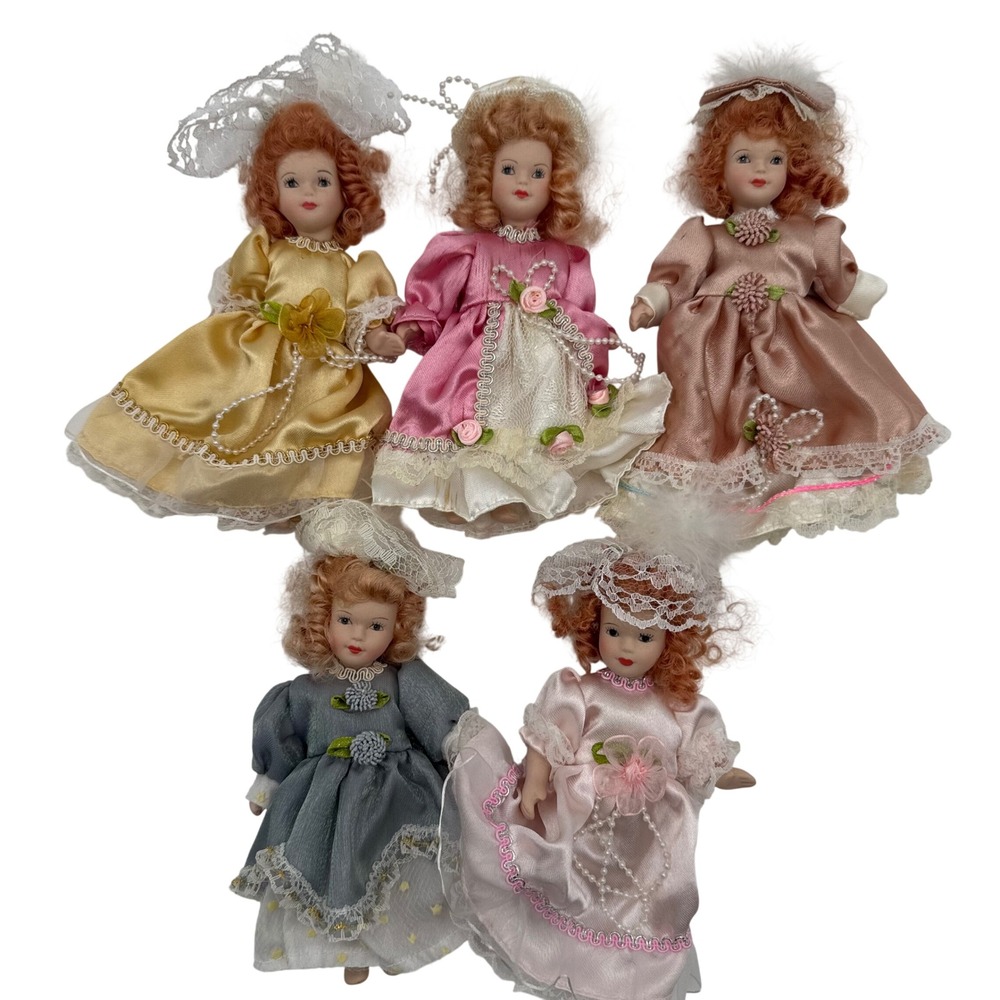 Vintage 6" Jointed Porcelain Dolls Lot of 5 Victorian Style Red Hair Lace